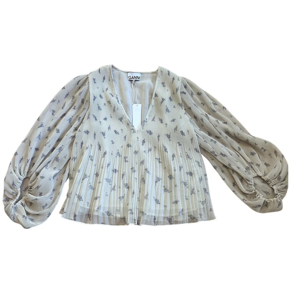 Ganni Floral Georgette balloon Sleeve Blouse, Ivory & Purple, Size 34, NEW
